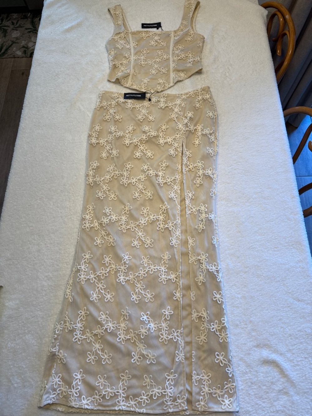 PrettyLittleThing Cream Floral Embroidered Maxi Skirt and Crop Top Set